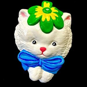 Vintage chalk-ware white kitty hand painted wall plaque